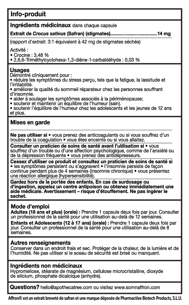 A black-and-white product information sheet in French for Crocus Sativus. Extrait de Safran (Safran) capsules, detailing ingredients, usage, dosage, and warnings.