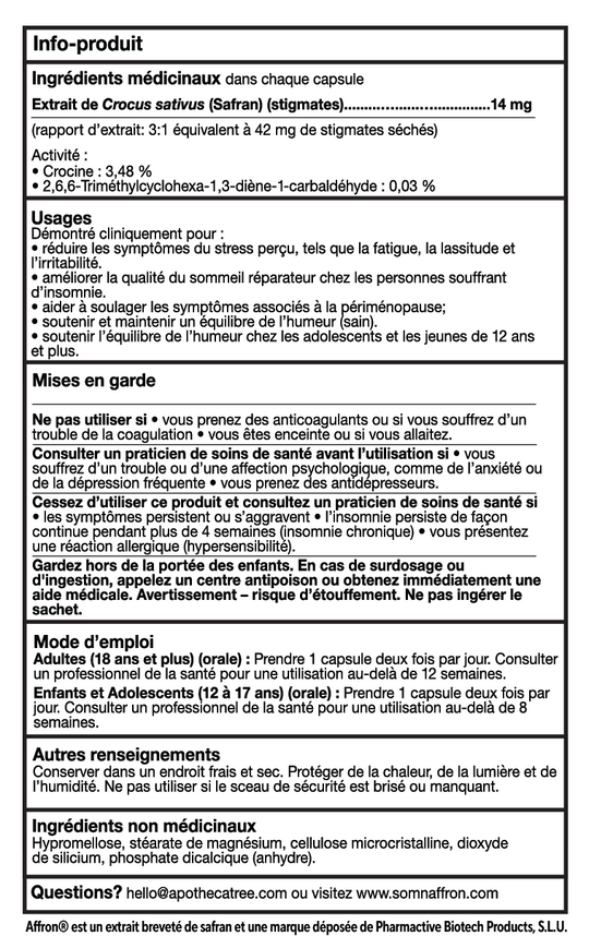 A black-and-white product information sheet in French for Crocus Sativus. Extrait de Safran (Safran) capsules, detailing ingredients, usage, dosage, and warnings.